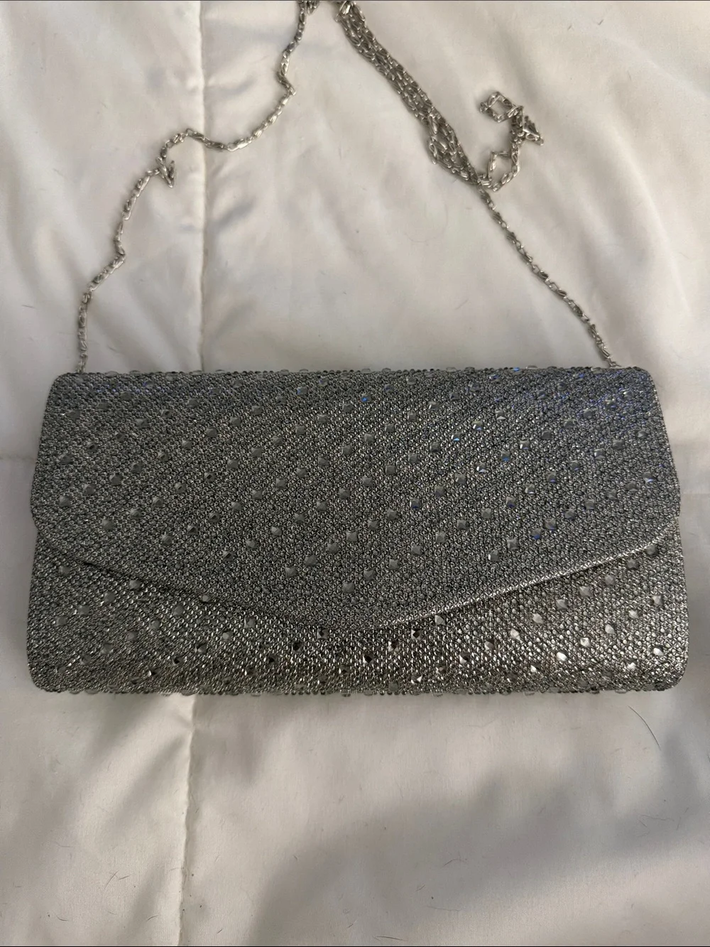 Silver Rhinestone Evening Clutch with Chain Strap